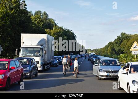 Cars on German motorway leaving a passage for emergency vehicles Stock Photo