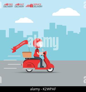 Delivery Ride Motorcycle Service, Order Worldwide Shipping, Fast and Free Transport, food express, vector illustration cartoon Stock Vector