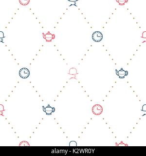 English tea party elegant red and blue on white line vector pattern. Stock Vector