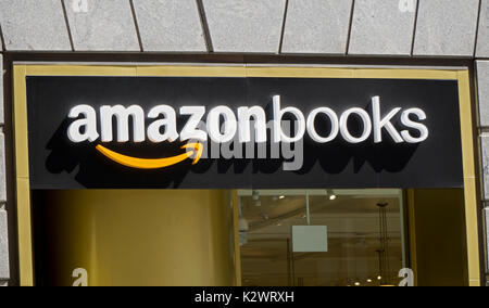 The exterior sign at the recently opened Amazon Book Store on W. 34th Street in Manhattan, a rare company's brick & mortar store. Stock Photo