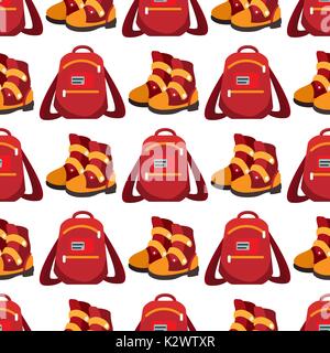 Popular youth accessories, bright backpack and boots seamless pattern, vector illustration Stock Vector