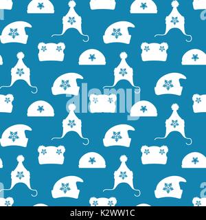 Winter hats silhouettes with snowflakes seamless pattern. Vector winter clothes seamless texture Stock Vector