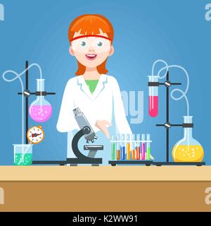 Chemistry experiment vector illustration. Girl scientist in laboratory Stock Vector