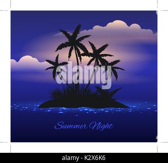 Summer night tropical island with palm Stock Vector