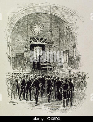 Spain. Catalonia. Barcelona. Transfer of the mortal remains of Ramon Berenguer III the Great (1082-1131), Count of Barcelona, from the Cent Room in the Barcelona City Hall to Ripoll. Engraving. 'La Ilustracion catalana', 1893. Stock Photo