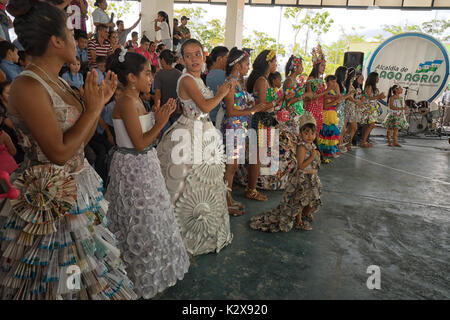 June 5, 2017 Lago Agrio, Ecuador: students wearing clothing made of recyclable materials at an environmental rally in the centre of the oil production Stock Photo