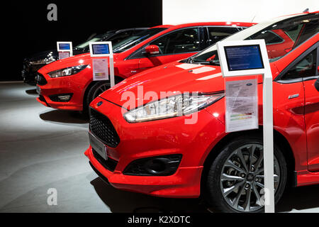 BRUSSELS - JAN 19, 2017: Row of new Ford cars on display at the Motor Show Brussels. Stock Photo