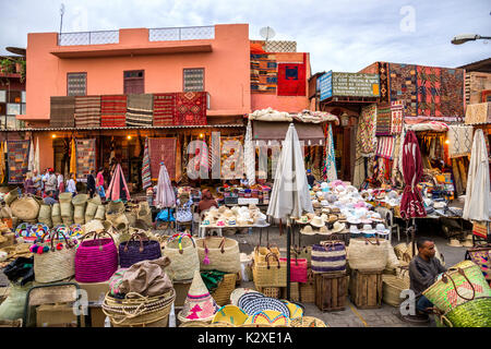 MARRAKECH, MOROCCO - APR 28, 2016: Berber market selling textile in the souks of Marrakesh. Stock Photo