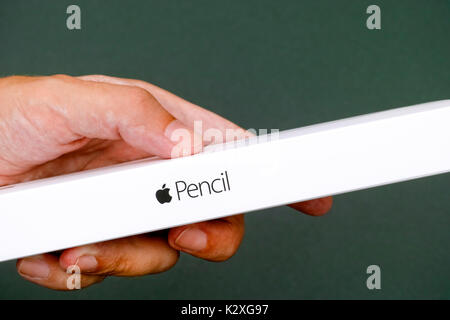 Tambov, Russian Federation - August 23, 2017 Person hand with Apple Pencil box. Green background. Studio shot. Stock Photo