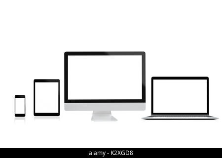 Modern computer laptop mobile phone and tablet isolate on white background for mockup ,3D rendering Stock Photo