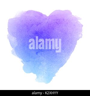 Watercolor blue hand drawn paper texture isolated heart shaped stain on white background for valentines day. Abstract aquarelle vector illustration in grunge style. Wet brush romantic painting. Stock Vector