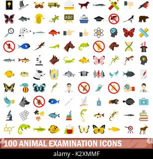 100 animal examination icons set, flat style Stock Vector