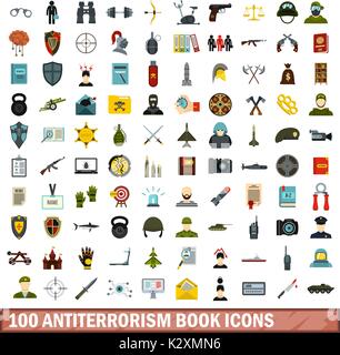 100 antiterrorism book icons set, flat style Stock Vector