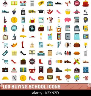 100 buying school icons set, flat style Stock Vector