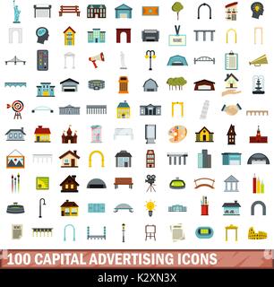 100 megalopolis advertising icons set, flat style Stock Vector Image ...