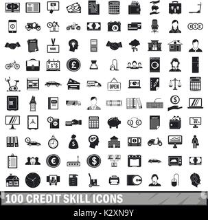 100 credit skill icons set, simple style  Stock Vector