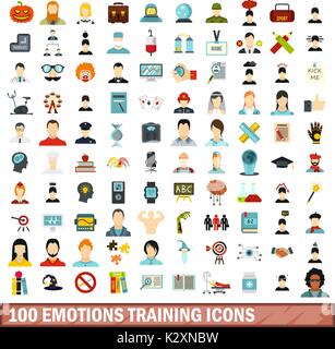 100 emotions training icons set, flat style Stock Vector