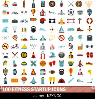 100 fitness startup icons set, flat style Stock Vector