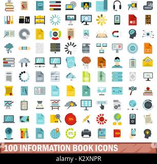 100 information book icons set, flat style Stock Vector