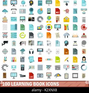 100 learning book icons set, flat style Stock Vector