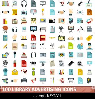 100 library advertising icons set, flat style Stock Vector Image & Art ...
