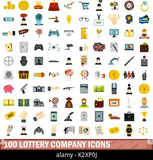 100 lottery company icons set, flat style Stock Vector