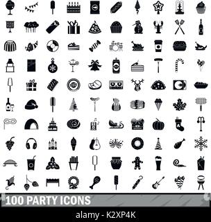 100 party icons set, simple style  Stock Vector