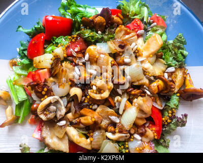 Warm salad with forest mushrooms, tomatoes and lettuce Studio Photo Stock Photo