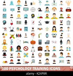 100 psychology training icons set, flat style Stock Vector