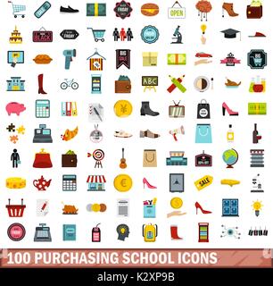 100 purchasing school icons set, flat style Stock Vector