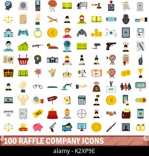 100 raffle company icons set, flat style Stock Vector