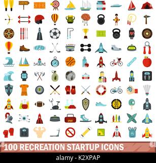 100 recreation startup icons set, flat style Stock Vector