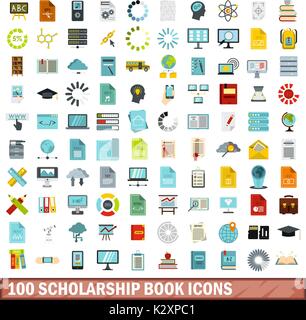 100 scholarship book icons set, flat style Stock Vector