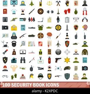 100 security book icons set, flat style Stock Vector