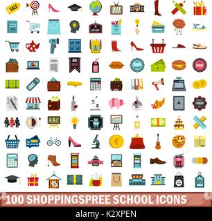 100 shoppingspree school icons set, flat style Stock Vector