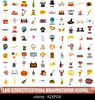 100 streetfestival brainstorm icons set, flat style Stock Vector