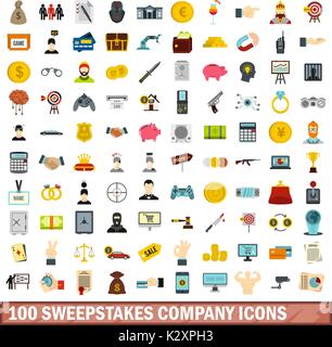 100 sweepstakes company icons set, flat style Stock Vector