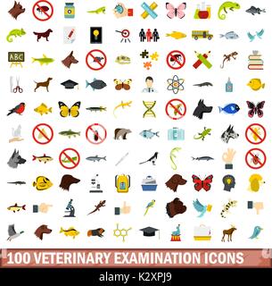 100 veterinary examination icons set, flat style Stock Vector