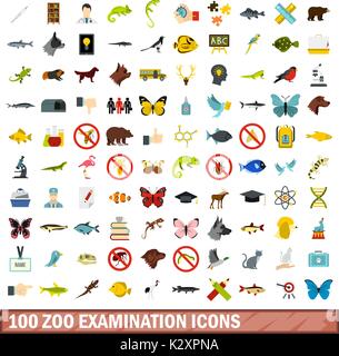 100 zoo examination icons set, flat style Stock Vector