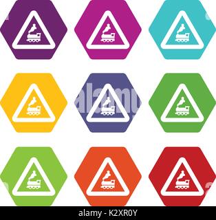 Warning sign railway crossing without barrier icon set color hexahedron Stock Vector