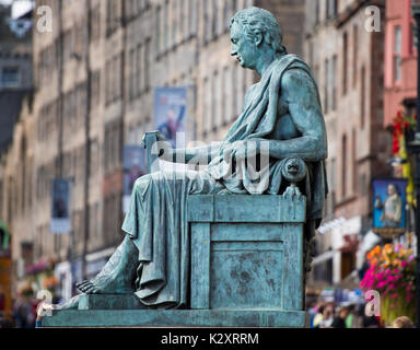 The statue of philosopher David Hume (1711 -1776) sits outside the High Court at the Lawnmarket on Edinburgh's Royal Mile.      The statue of