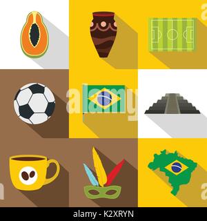 Landmarks of Brazil icon set, flat style Stock Vector