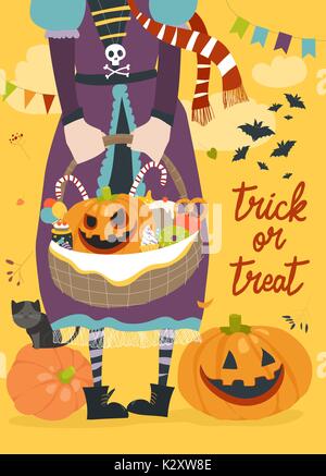 Girl holding basket with pumpkin and sweets Stock Vector