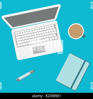 Laptop and notebook and office supplies top view. Vector flat icon with notebook, pc, pen, and a cup of hot coffee Stock Vector