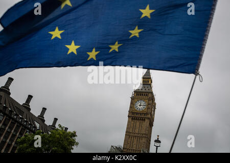 The European Union flag flies, with Westminster Parliament's Big Ben in the background, in London, England. Stock Photo