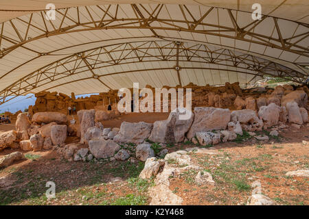 MNAJDRA, MALTA - OCTOBER 16, 2016: Prehistoric temple, megalithic landmark of Malta island. Panoramic view. Stock Photo