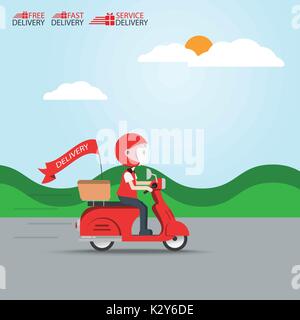 Delivery Ride Motorcycle Service, Order Worldwide Shipping, Fast and Free Transport, food express, vector illustration cartoon Stock Vector