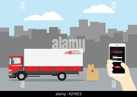 Delivery Truck Service, Order Worldwide Shipping, Fast and Free Transport, food express, Shopping online just push with hand on smartphone , vector il Stock Vector