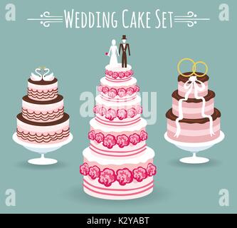 Wedding cake set on blue background. Delicious bridal dessert with married couple and swans, gold rings and ribbon vector illustration Stock Vector