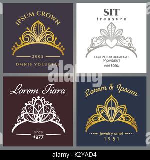 Tiara luxury logo set. Vector jewelry crowns emblems for expensive restaurant or beauty woman Stock Vector